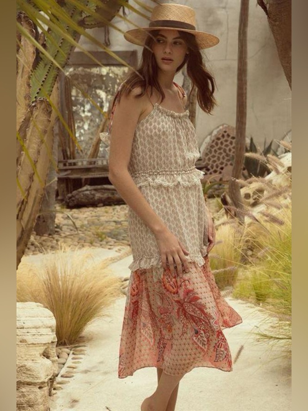 MISA Los Angeles Dionica Pink Paisley Floral Ruffle Midi Dress XS Boho Resort‎
